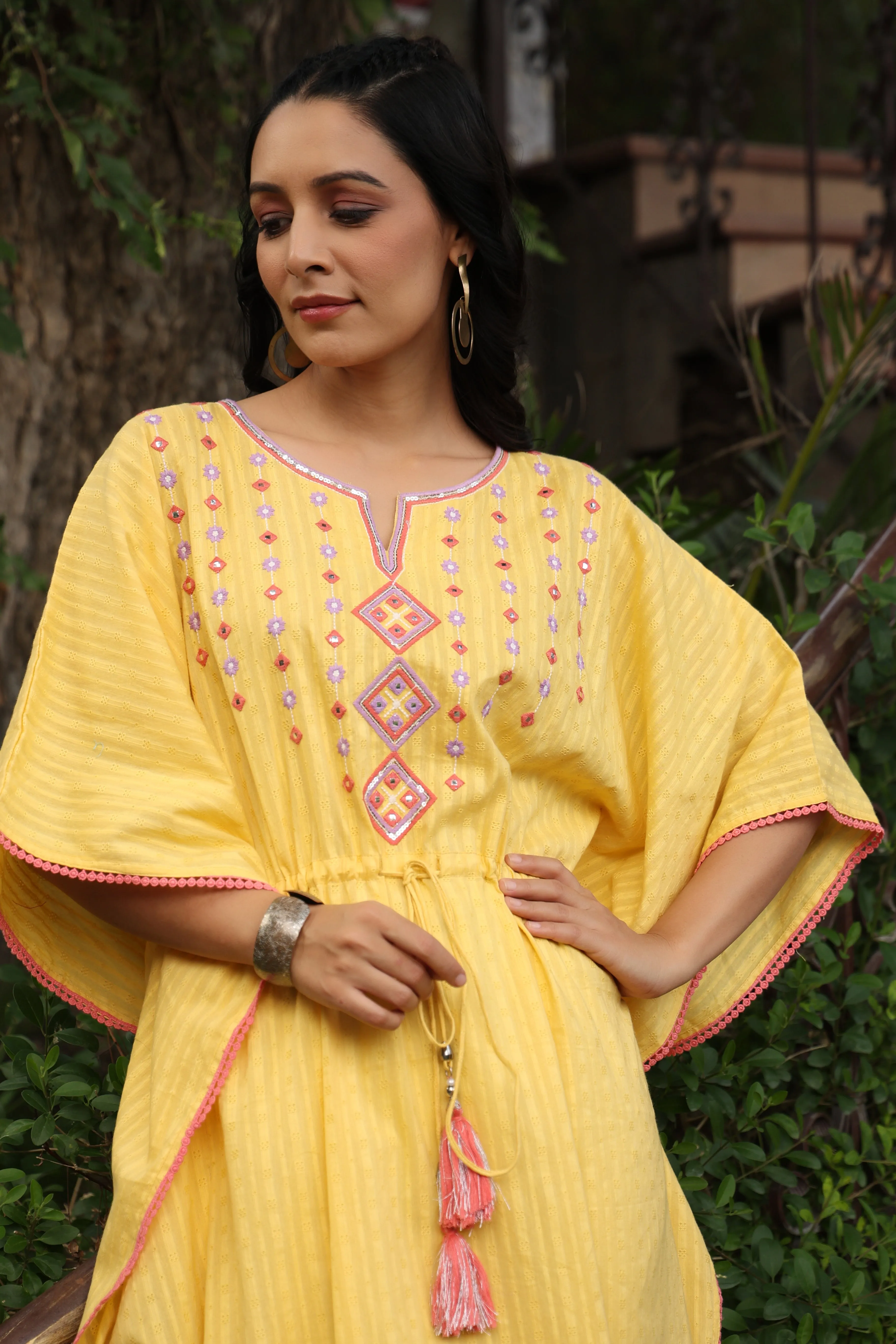 Yellow Cotton Dobby Embroidered Kaftan