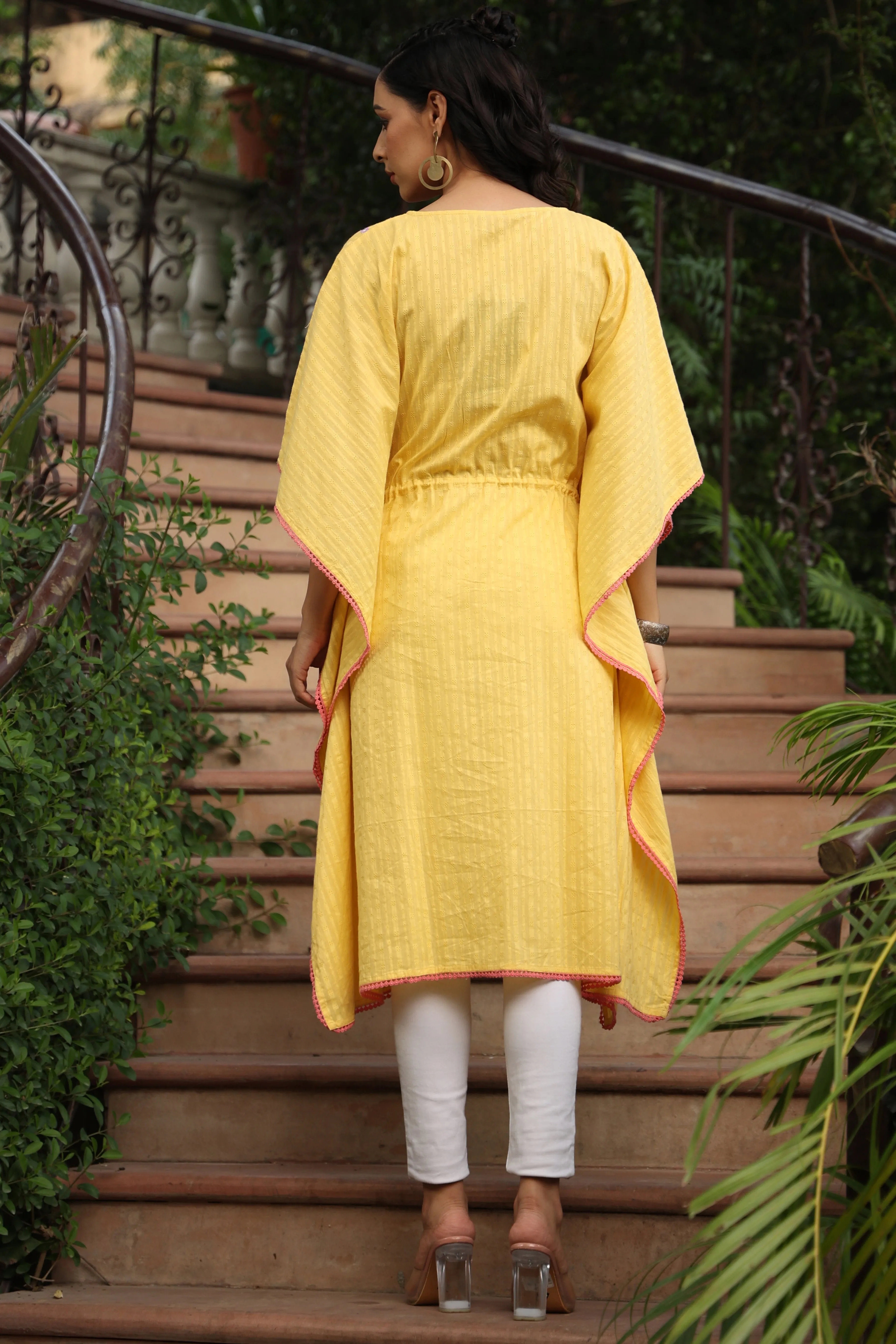 Yellow Cotton Dobby Embroidered Kaftan
